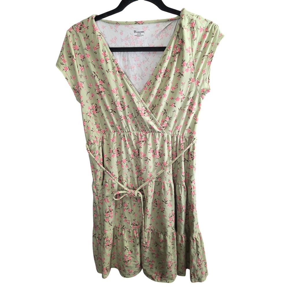 No Boundaries Floral Tiered Faux Wrap Dress Medium M 8 10 Green Pink Peach Soft